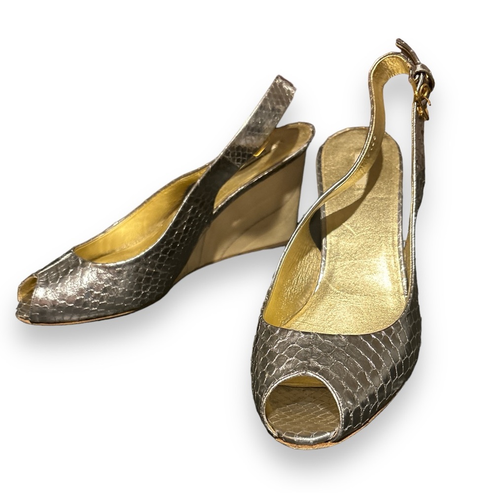 MIU MIU Silver Snake Skin Peep Toe Slingback Wedge Sandals